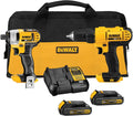 Cordless drill and impact driver combo kit with yellow tools, battery, and black carrying case