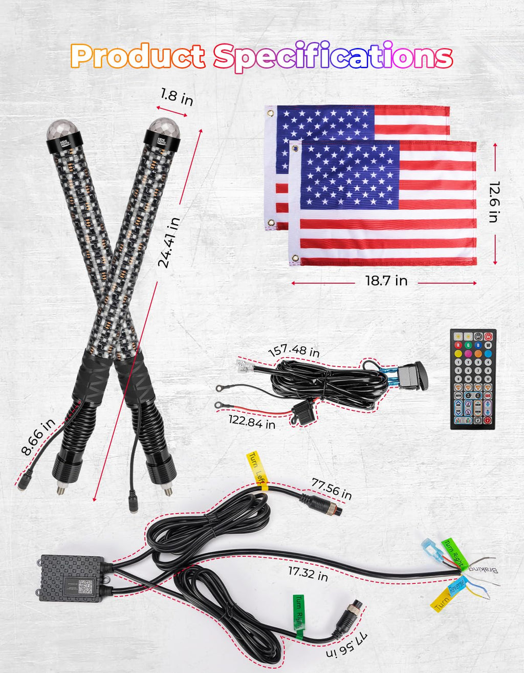 KEMIMOTO 2PCS Fat Whip Lights with Warning Light, LED Whip Lights for Side by Side, Spiral RGB Chasing Lighted Whips Compatible with UTV ATV Can-Am X3 Polaris RZR Offroad Boating, Remote & APP Control