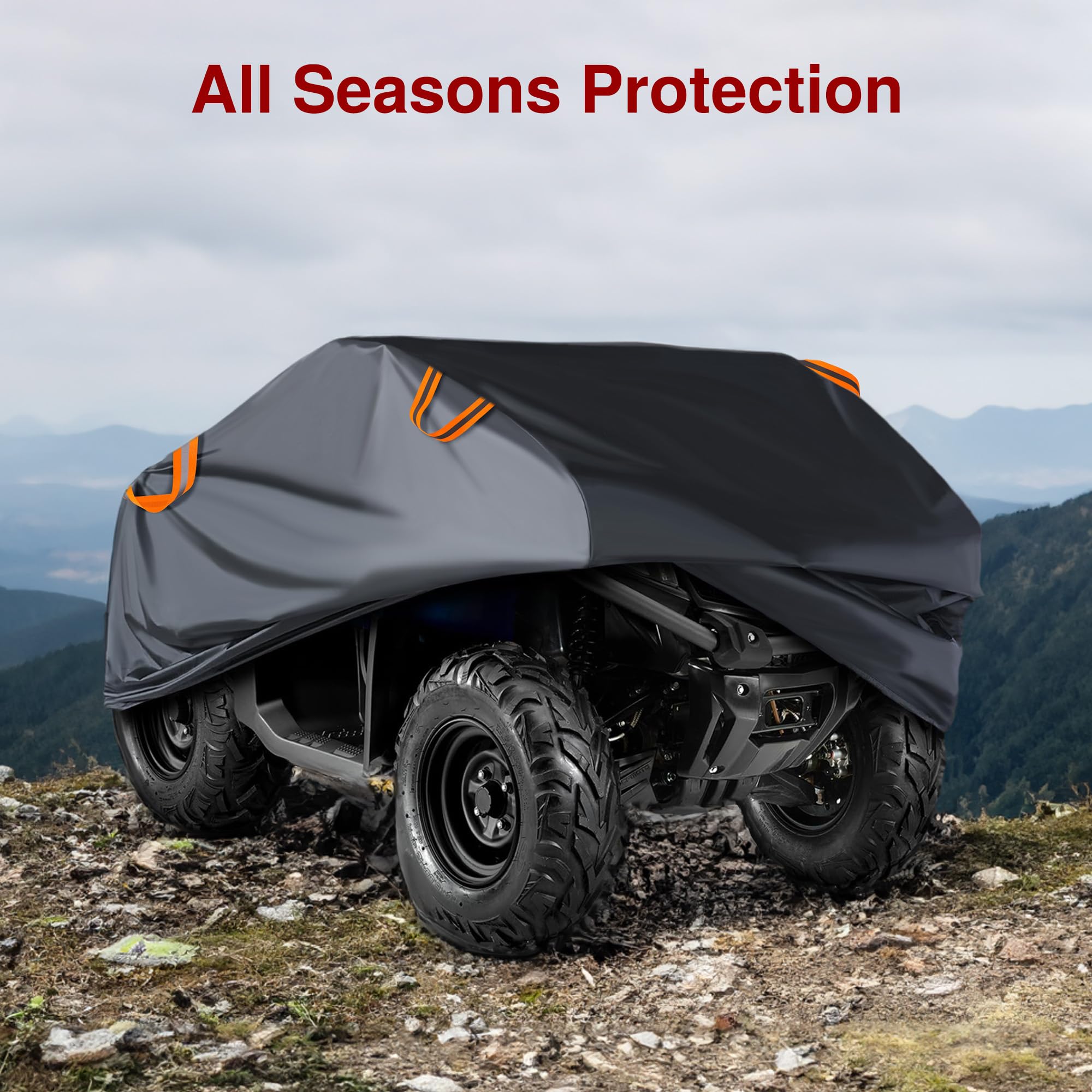 ATV cover on quad bike in dark gray with orange straps
