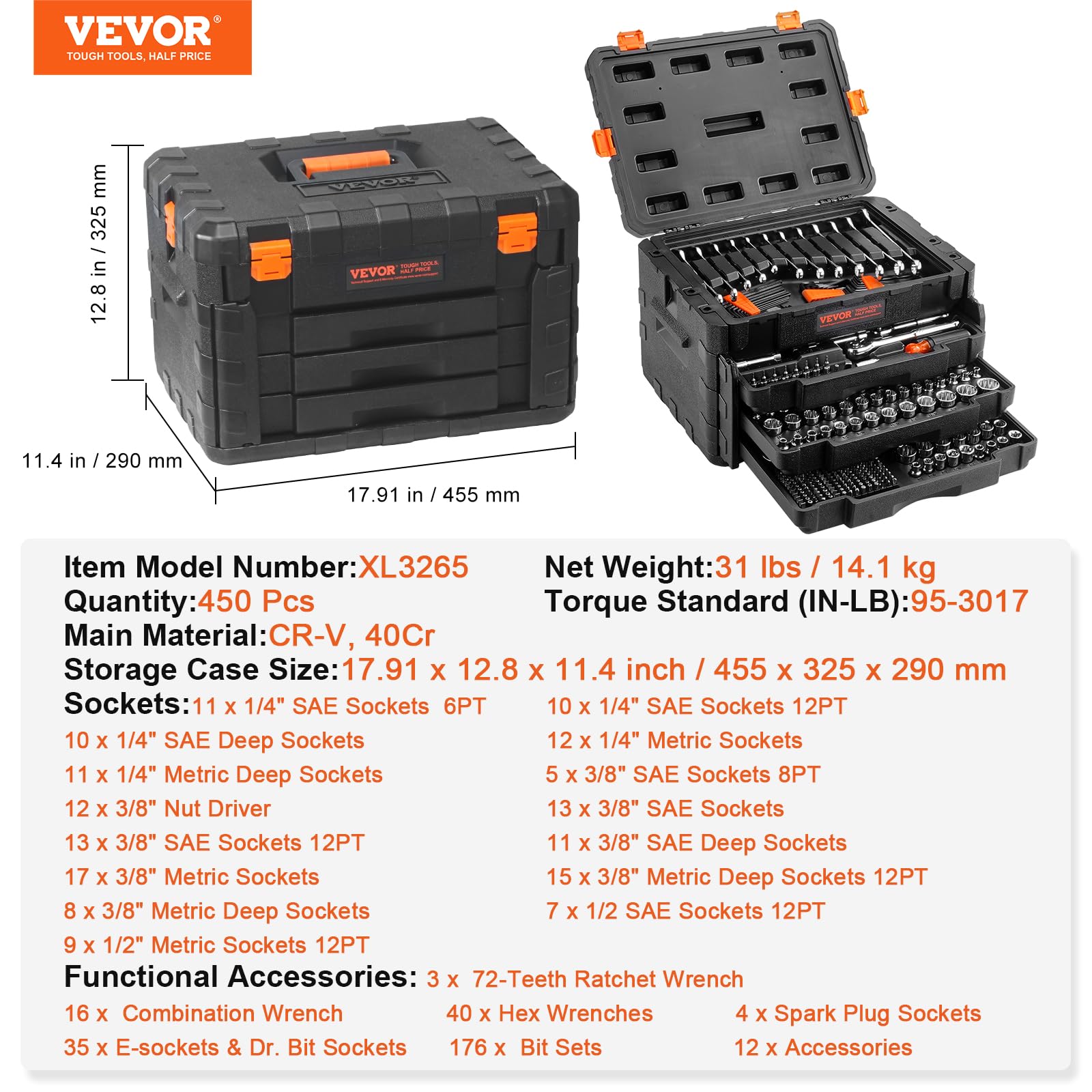 VEVOR Mechanics Tool Set and Socket Set, 1/4" 3/8" 1/2" Drive, 450 PCS