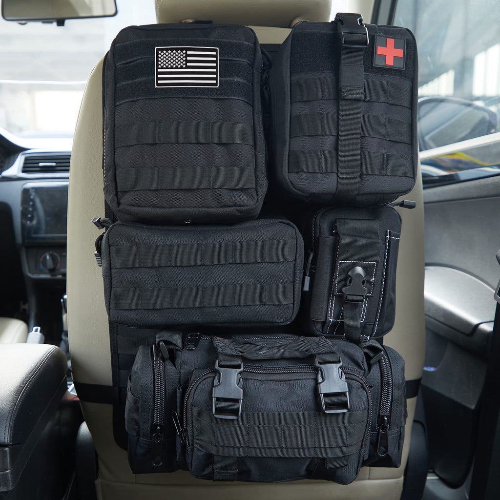 Universal Tactical Car Seat Back Organizer Bag Tactical Molle Vehicle Organizers Panel Vehicle Protector Organizers with 5 Detachable Pouches for Car Truck Ford Jeep (Black)