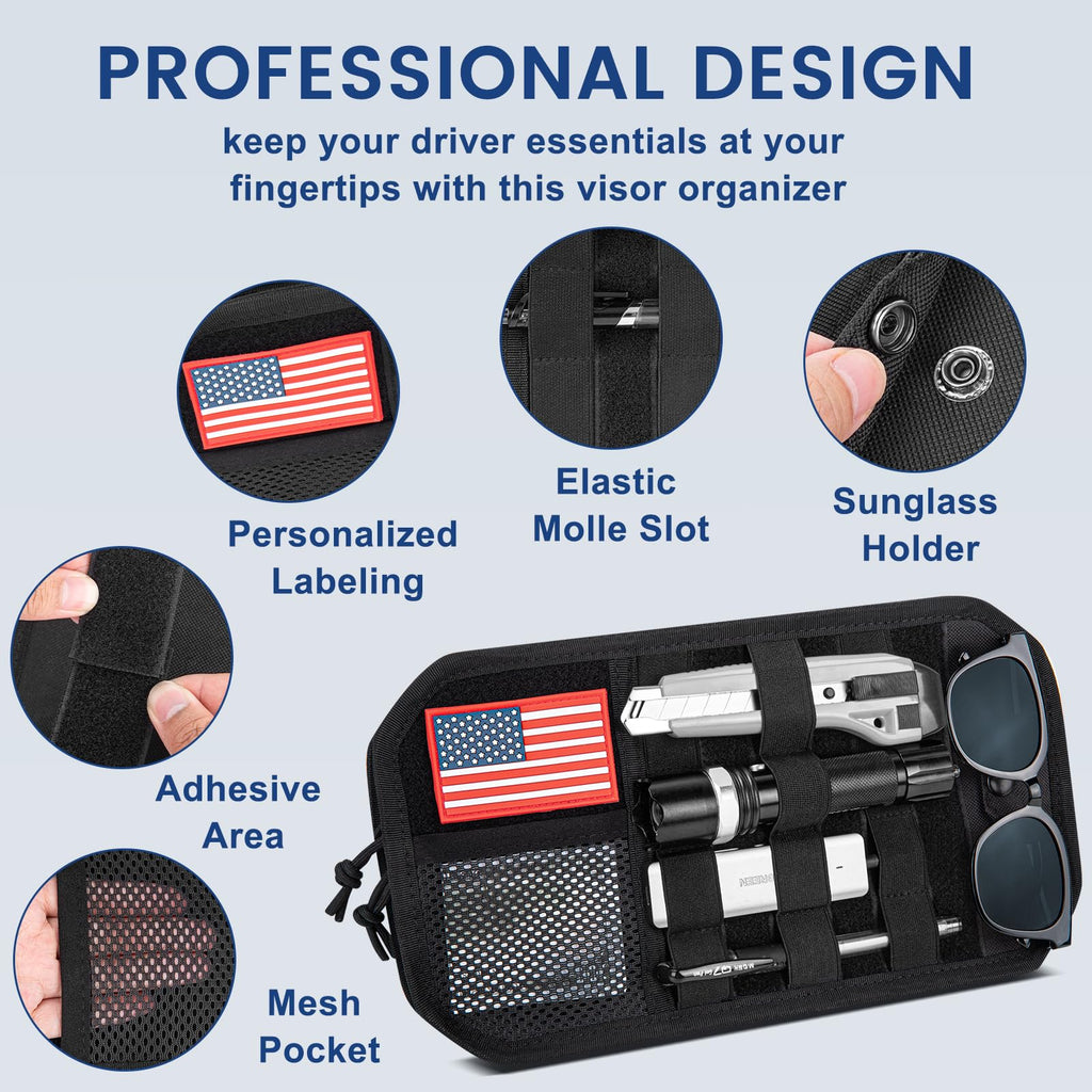 Car Sun Visor Organizer, Multi-Pocket Tactical Visor Storage with Zipper and Sunglasses Holder Clip, Semi-Rigid Molle Panel Car Visor Accessories for Truck, SUV, Patrols, Pickups