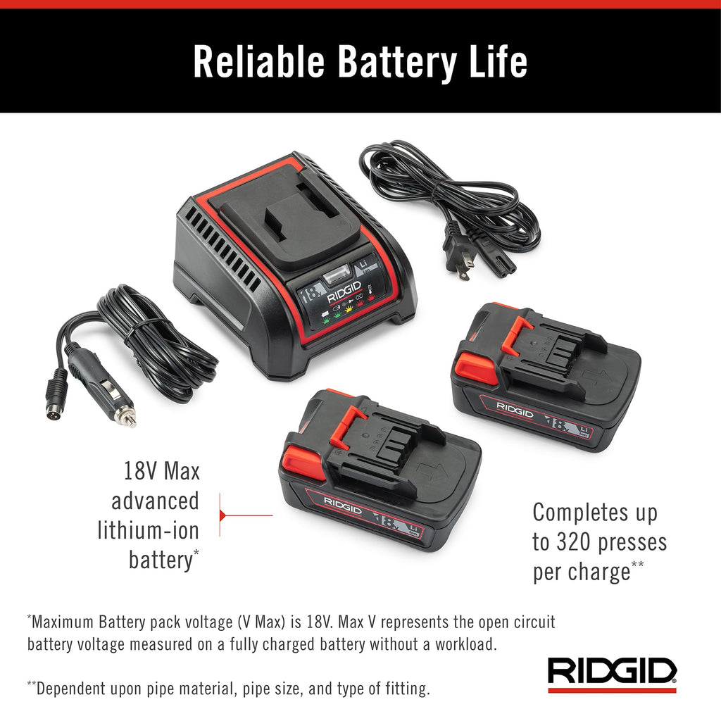 RIDGID 67053 RP 350 ProPress 8-Piece Pressing Tool Kit with 18-Volt Battery, Charger, 4 ProPress Press Tool Jaws (1/2" to 2"), and Case