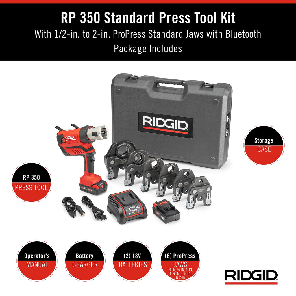 RIDGID 67053 RP 350 ProPress 8-Piece Pressing Tool Kit with 18-Volt Battery, Charger, 4 ProPress Press Tool Jaws (1/2" to 2"), and Case