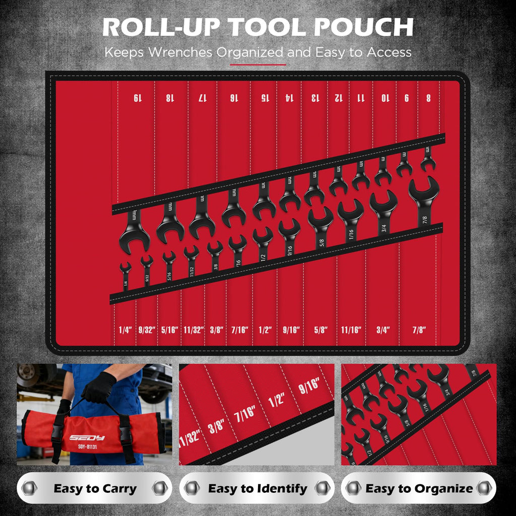 Premium 24-Piece Ratcheting Wrench Set, SAE(1/4-7/8") & Metric(8–19mm) Combination Wrenches, 72-Tooth CR-V Steel with Durable Black Finish, Ratchet Spanners with Roll-Up Tool Pouch for Repair
