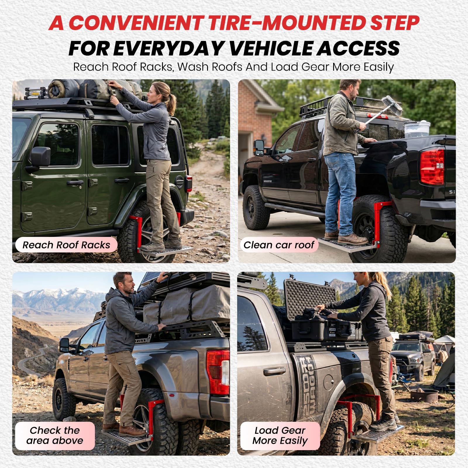 Sakerplus Heavy Duty Folding Tire Step,Non-Slip Wheel Step for Truck SUV RV, Adjustable Tire Mounted Step for Roof Access, Car Washing, Loading Gear & Temporary Vehicle Maintenance(Red)