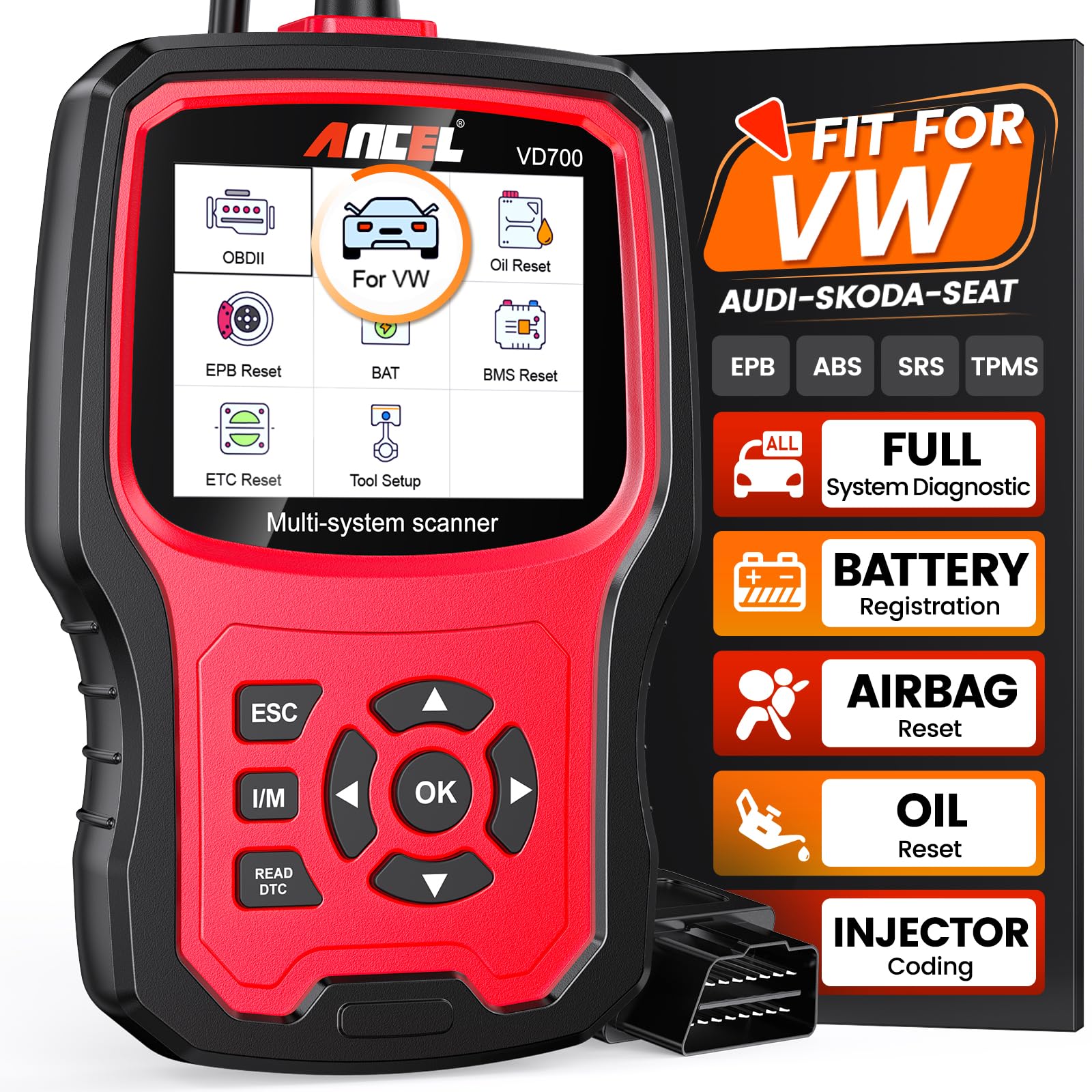 ANCEL VD700 OBD2 Diagnostic Code Reader Scan Tool Fit for Volkswagen Audi VW Skoda Seat, All Functions OBD11 Scanner for VAG Vehicles with Battery Registration EPB Reset (Upgraded VD500)