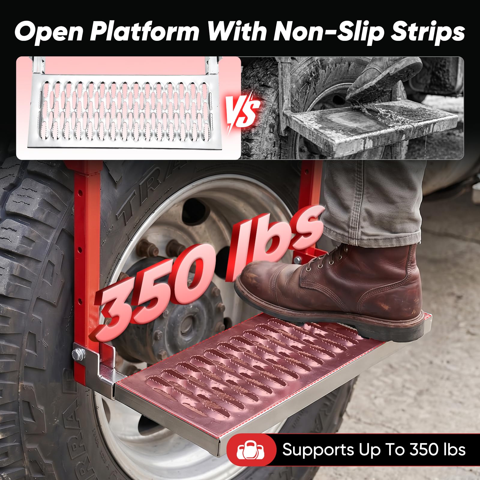 Sakerplus Heavy Duty Folding Tire Step,Non-Slip Wheel Step for Truck SUV RV, Adjustable Tire Mounted Step for Roof Access, Car Washing, Loading Gear & Temporary Vehicle Maintenance(Red)