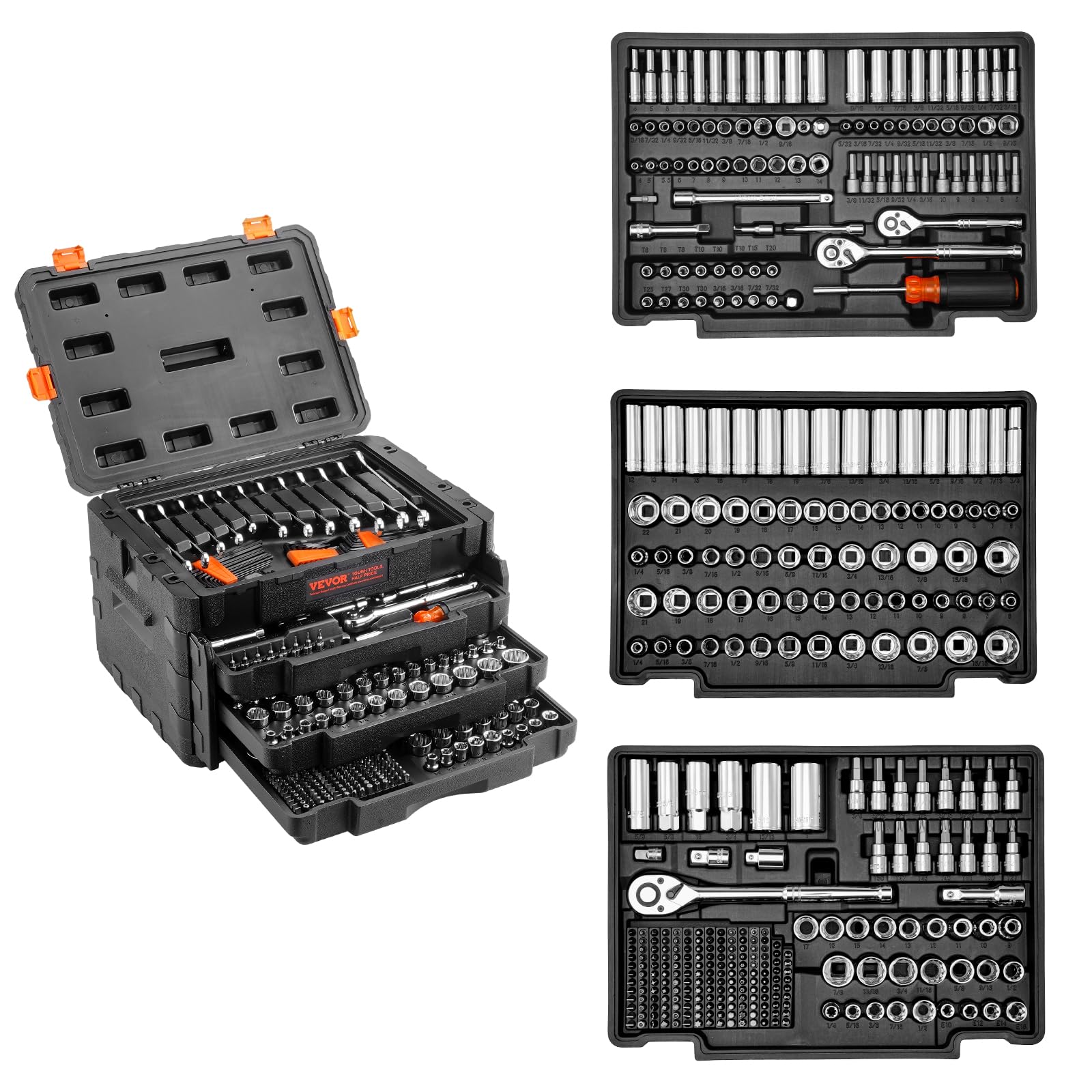 VEVOR Mechanics Tool Set and Socket Set, 1/4" 3/8" 1/2" Drive, 450 PCS