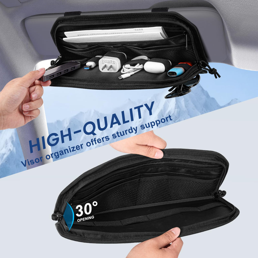 Car Sun Visor Organizer, Multi-Pocket Tactical Visor Storage with Zipper and Sunglasses Holder Clip, Semi-Rigid Molle Panel Car Visor Accessories for Truck, SUV, Patrols, Pickups