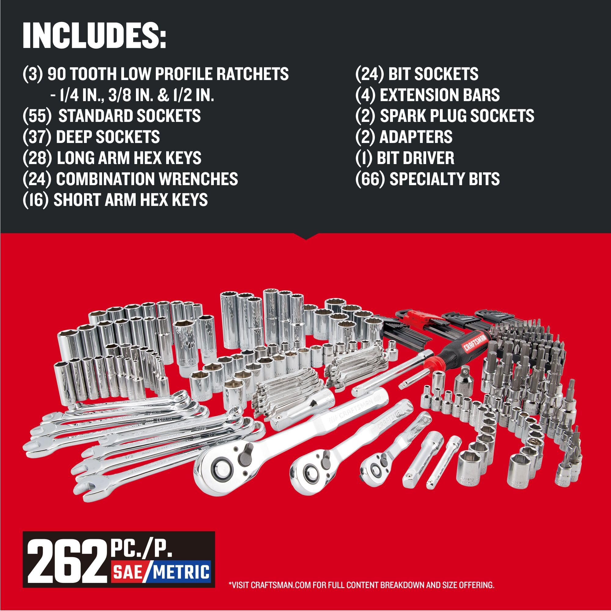 Craftsman 262-Piece Mechanic Tool Set with 3-Drawer VERSASTACK Box, SAE and Metric Socket Set, Car and Motorcycle Tool Kit with Combination Wrenches and Spark Plug Sockets, 90-Tooth (CMMT45309)