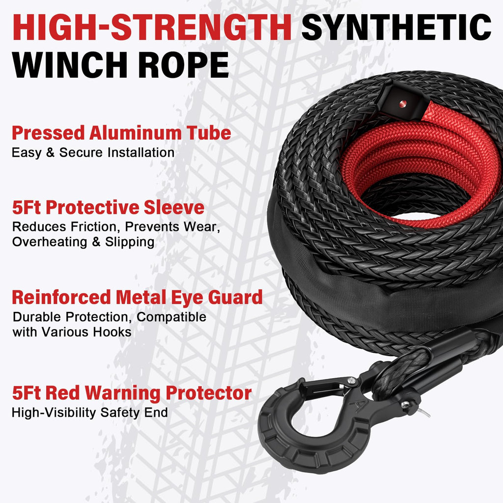 HOKINETY Synthetic Winch Rope Kit - 3/8" x 100' 27000 lbs Synthetic Winch Cable for ATV UTV Off-Road Vehicles with Forged Hook, Protective Sleeve and Safety Pull Strap - Black