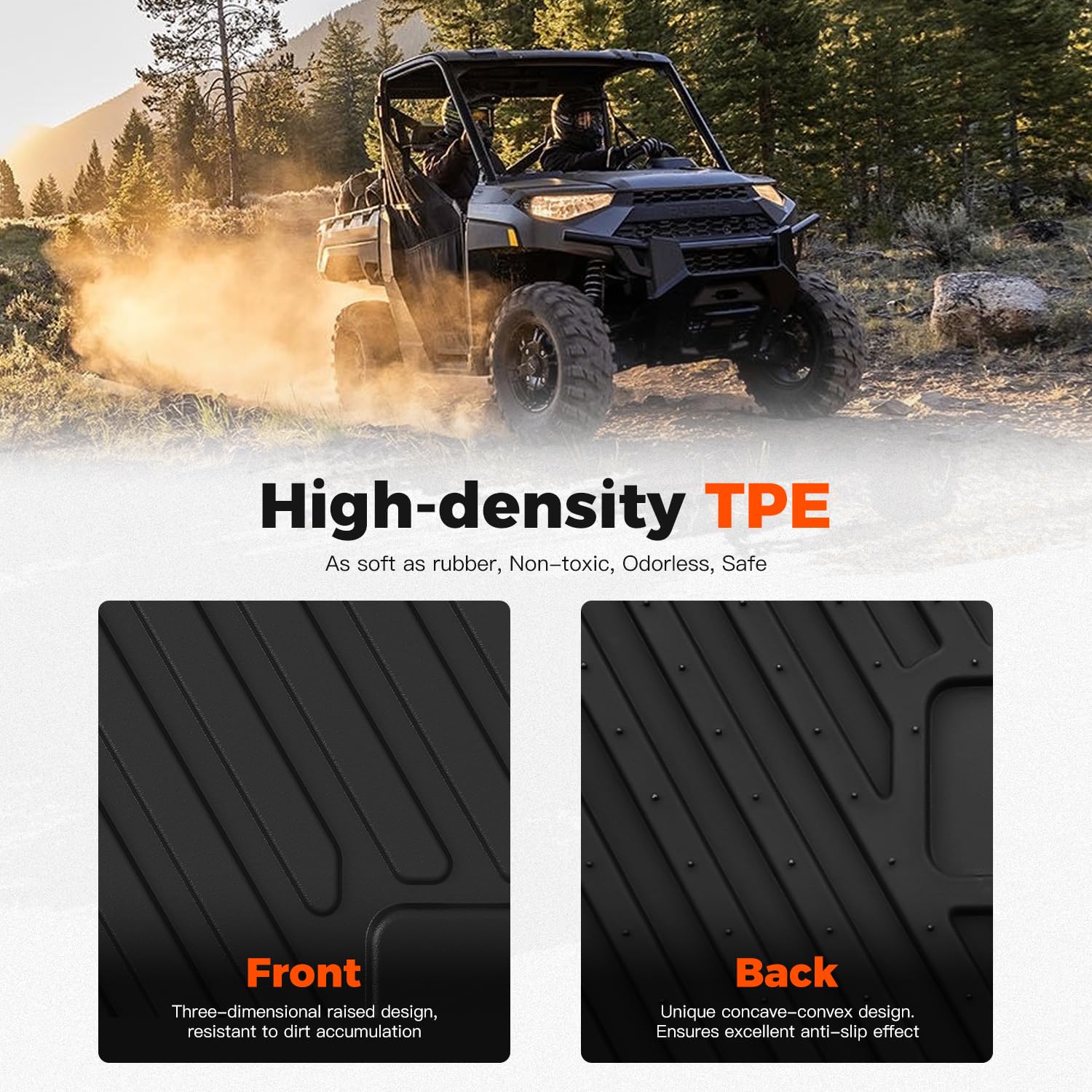 HugeUTV TPE Floor Mats for Polaris Ranger XP 1000/Crew 2019-2026, Front and Rear Row Floor Liners All Weather Protection Slush Mats (2PCS)