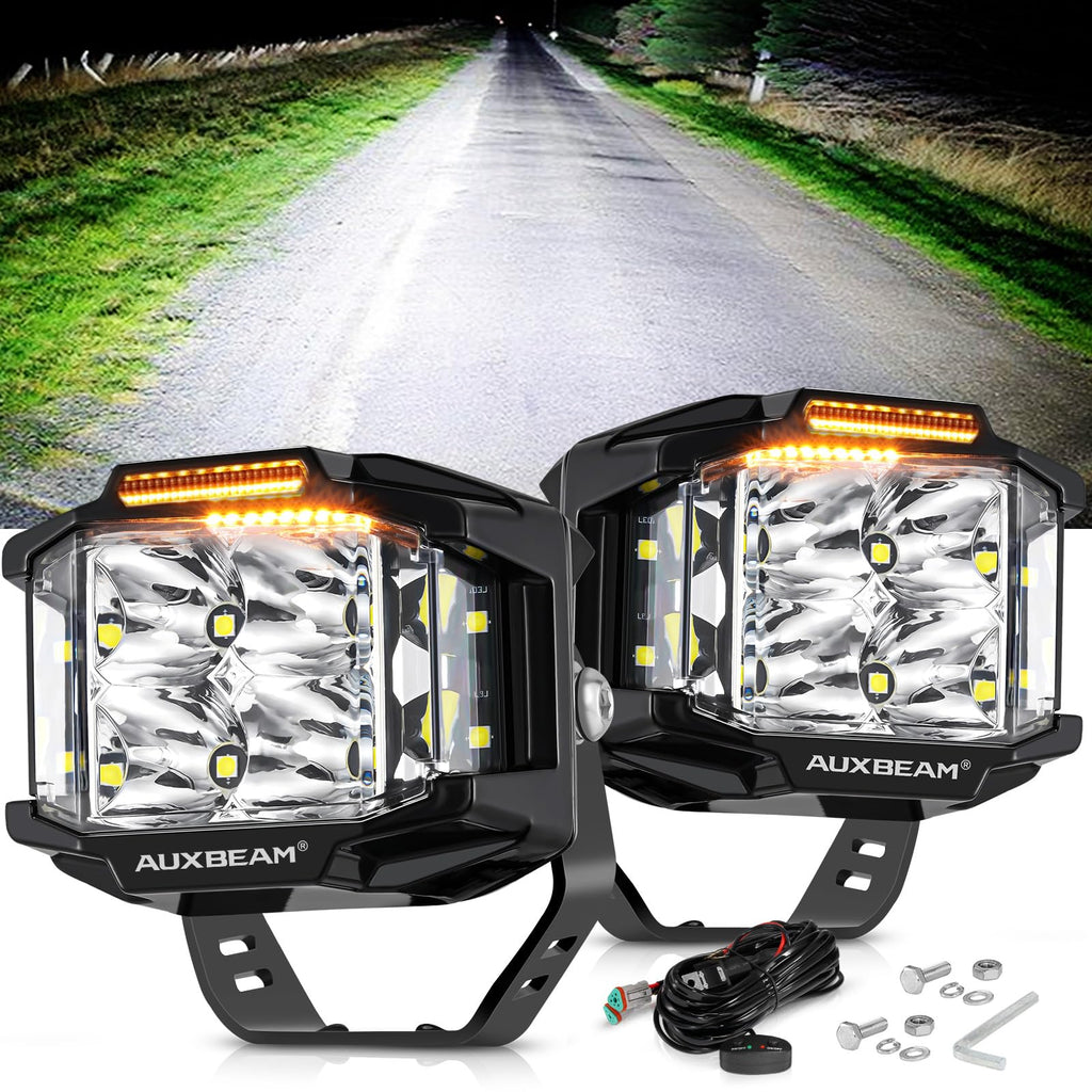 Auxbeam 4" 92W Cube LED Pod with Amber DRL, V-MAX Series Offroad Pod Lights with Side Shooter & Amber Covers, Offroad LED Cube Offroad Square Light 270°Combo Beam Auxiliary Light for Truck Jeep ATV