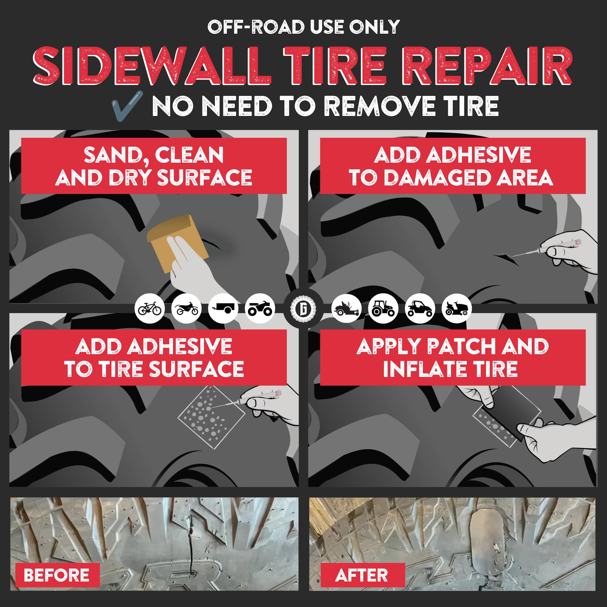 GlueTread SXS Sidewall Tire Repair Kit Tire Patch Kit - Off-Road Sidewall Reinforcement for UTVs - Durable Rubber Patches with Strong Bond - Easy Application, Fast Setting