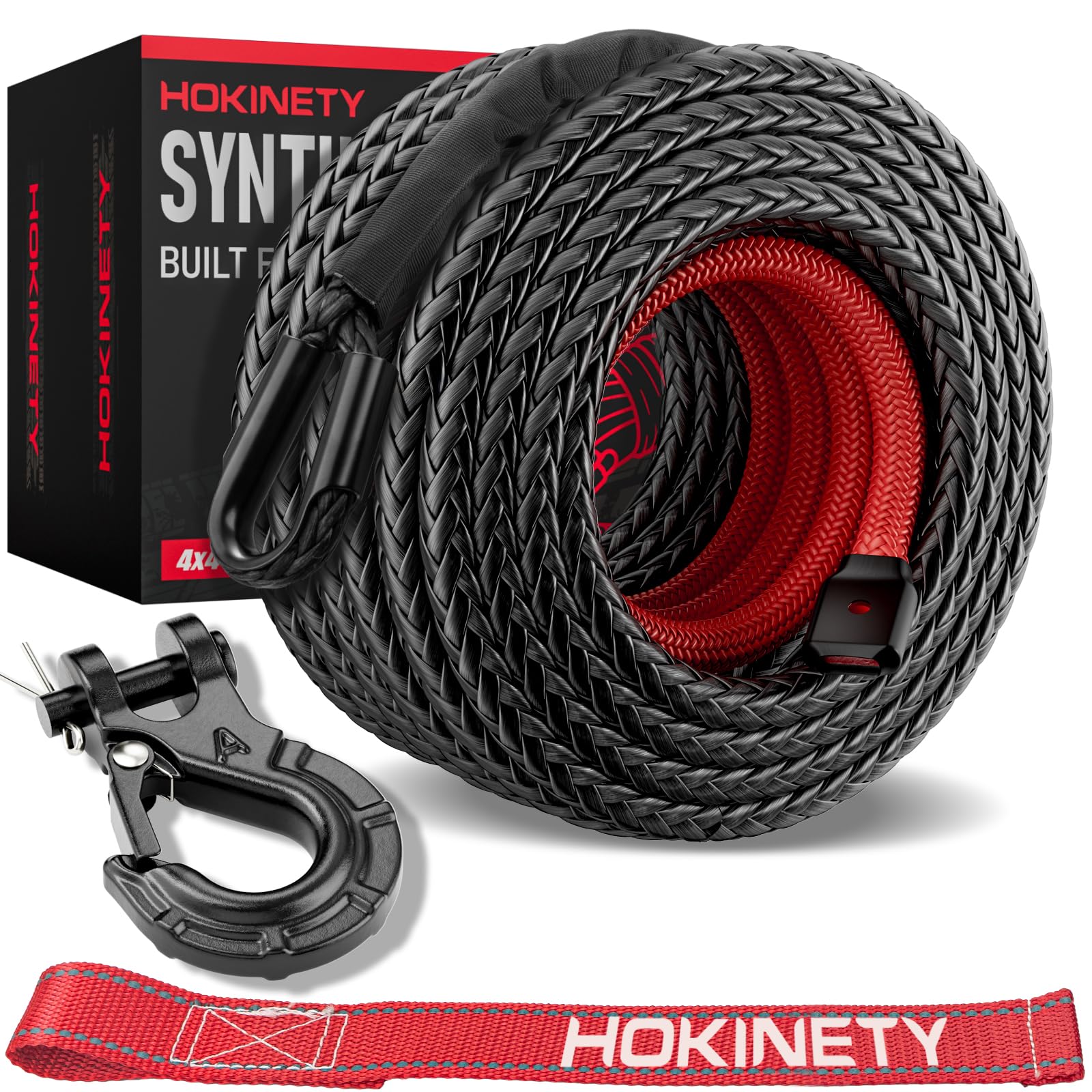 HOKINETY Synthetic Winch Rope Kit - 3/8" x 100' 27000 lbs Synthetic Winch Cable for ATV UTV Off-Road Vehicles with Forged Hook, Protective Sleeve and Safety Pull Strap - Black