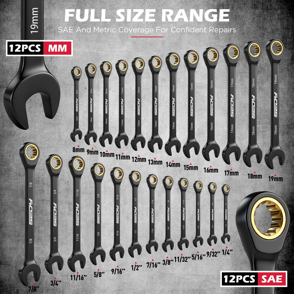 Premium 24-Piece Ratcheting Wrench Set, SAE(1/4-7/8") & Metric(8–19mm) Combination Wrenches, 72-Tooth CR-V Steel with Durable Black Finish, Ratchet Spanners with Roll-Up Tool Pouch for Repair