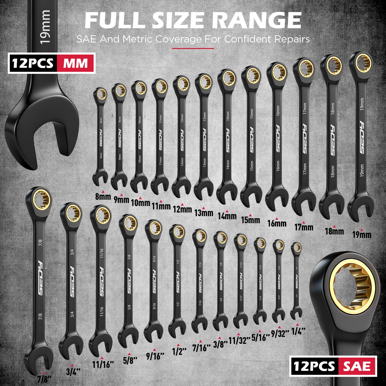 Premium 24-Piece Ratcheting Wrench Set, SAE(1/4-7/8") & Metric(8–19mm) Combination Wrenches, 72-Tooth CR-V Steel with Durable Black Finish, Ratchet Spanners with Roll-Up Tool Pouch for Repair