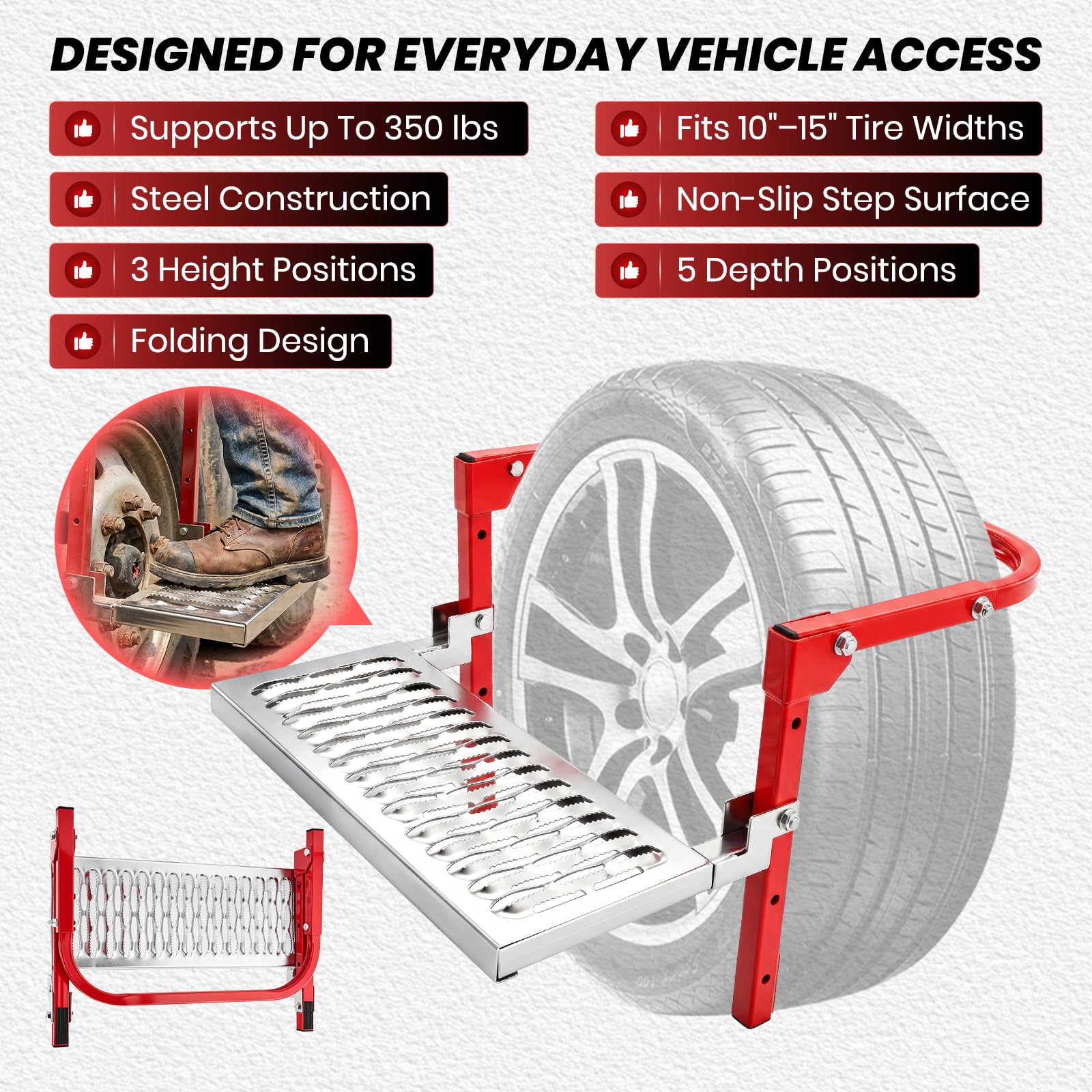 Sakerplus Heavy Duty Folding Tire Step,Non-Slip Wheel Step for Truck SUV RV, Adjustable Tire Mounted Step for Roof Access, Car Washing, Loading Gear & Temporary Vehicle Maintenance(Red)