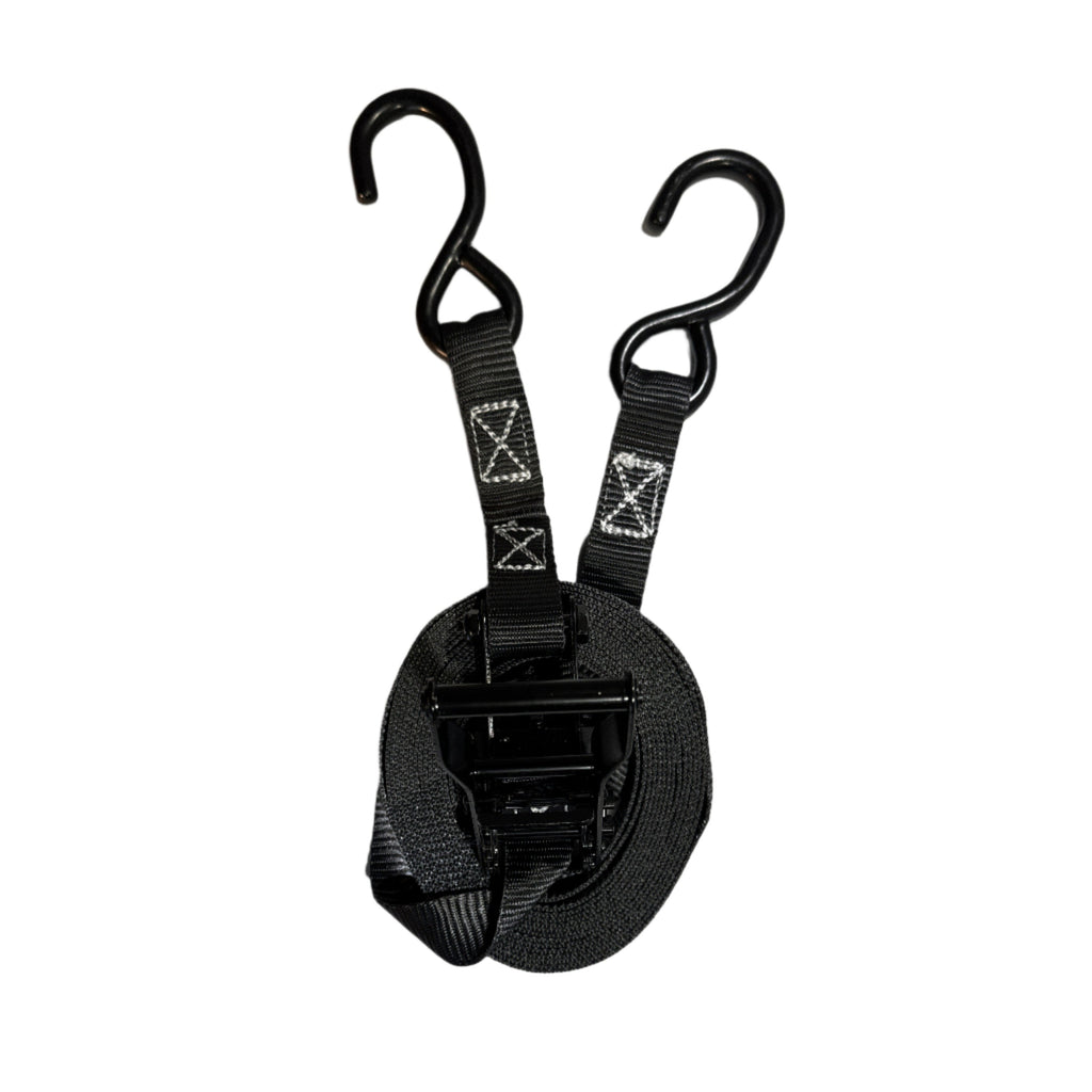 1" Black Ratchet Strap w/Vinyl S Hook LENGTH OPTIONS | FOUR PACK