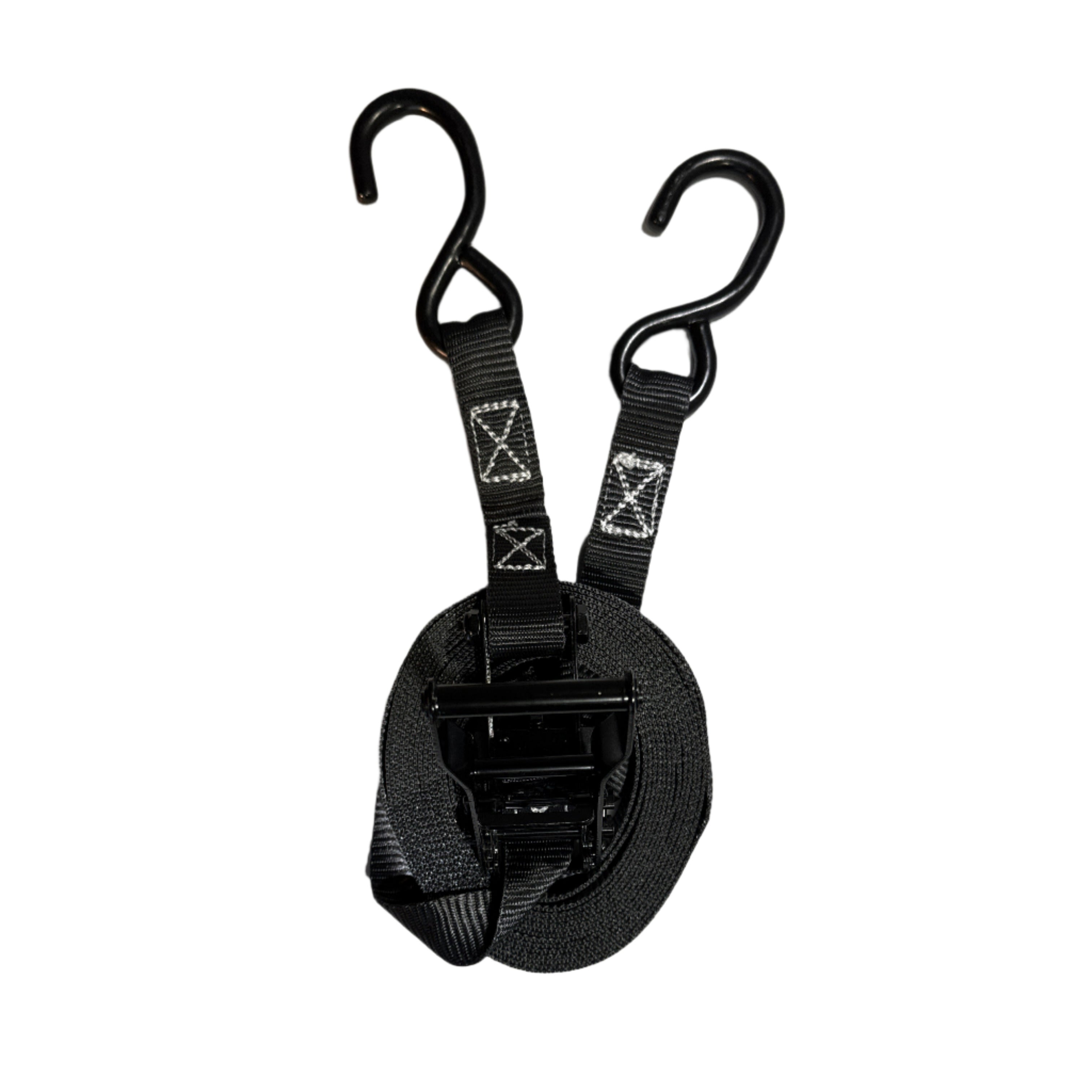 1" Black Ratchet Strap w/Vinyl S Hook LENGTH OPTIONS | FOUR PACK
